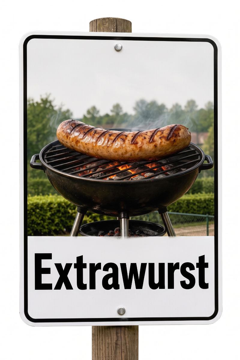 Straßenschild mit einer Bratwurst auf dem Grill und dem Schriftzug „Extrawurst“